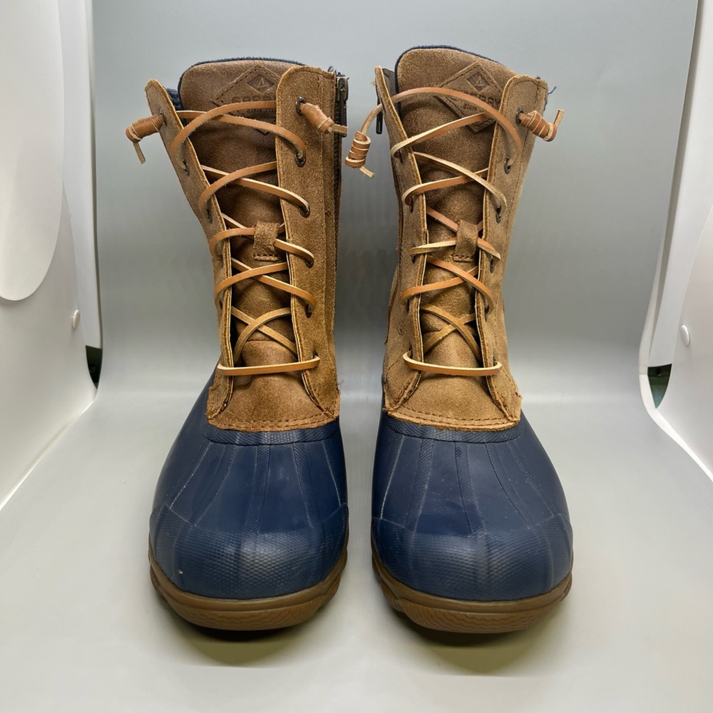 Sperry women’s Saltwater Brown and Blue Duck Boots size 6